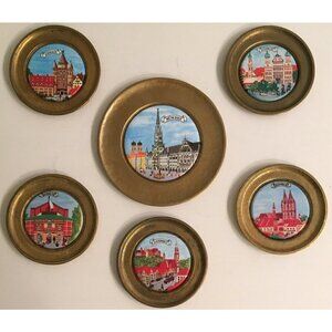 Brass Ceramic Coaster Set (6) Bavaria Munchen Augsburg Landshut Ansbach Bayreuth